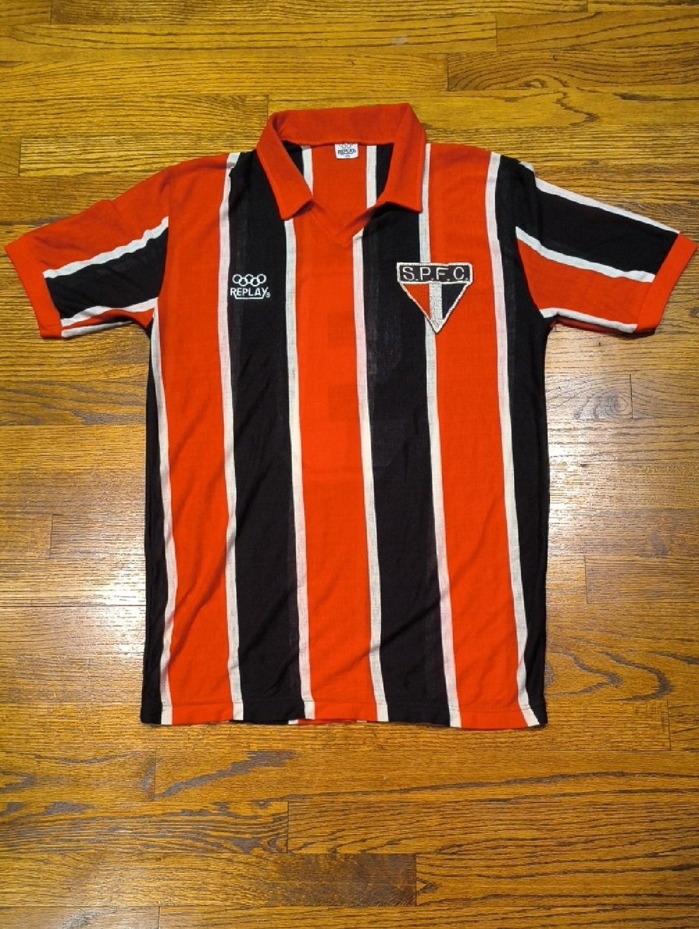 Replay Sao Paolo Red, Black & White Striped Polo with SPFC Crest